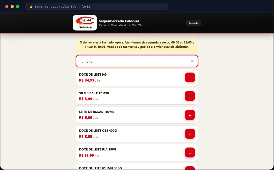 Loja web da Bia em funcionamento: busca por leite mostrando produtos e precos reais do Supermercado Colonial