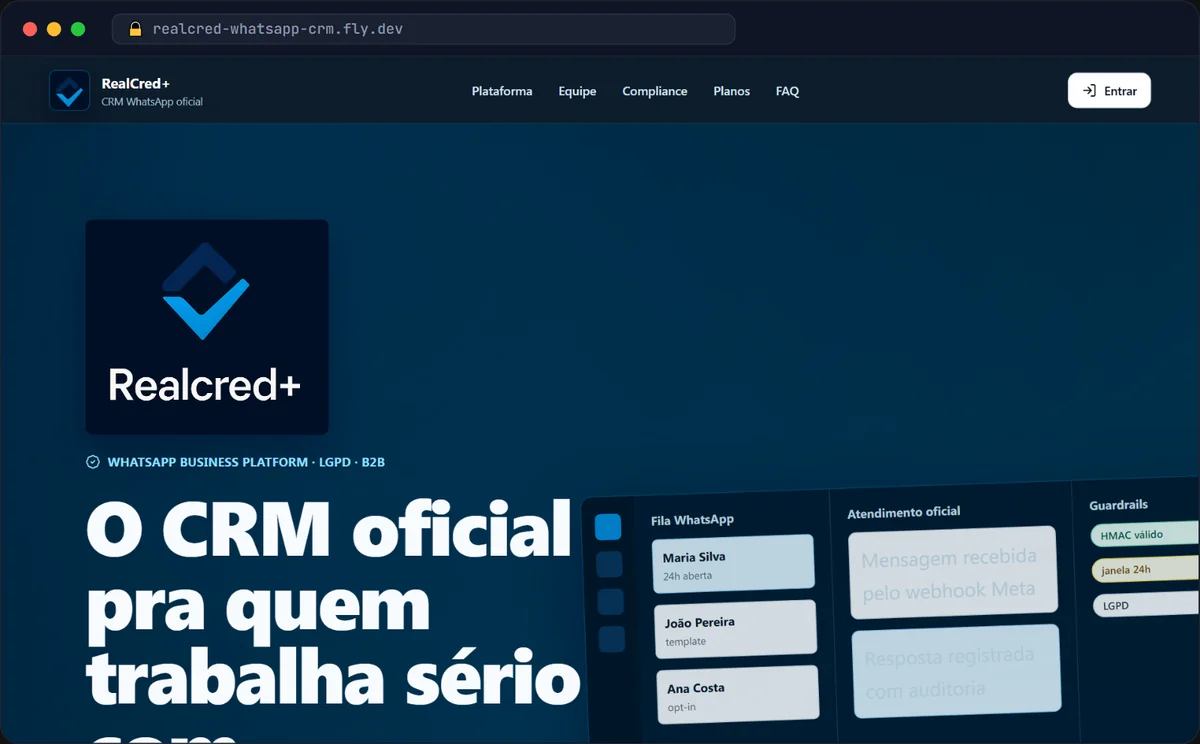 Landing do CRM RealCred+ com painel de fila do WhatsApp, atendimento oficial e guardrails de compliance