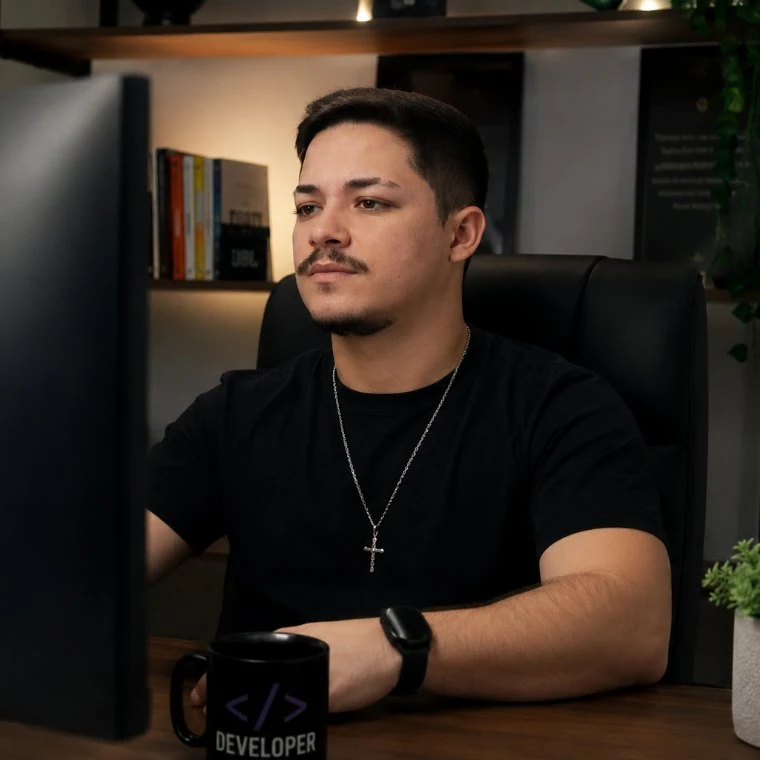 Alisson Santos, desenvolvedor full-stack, trabalhando em sua mesa