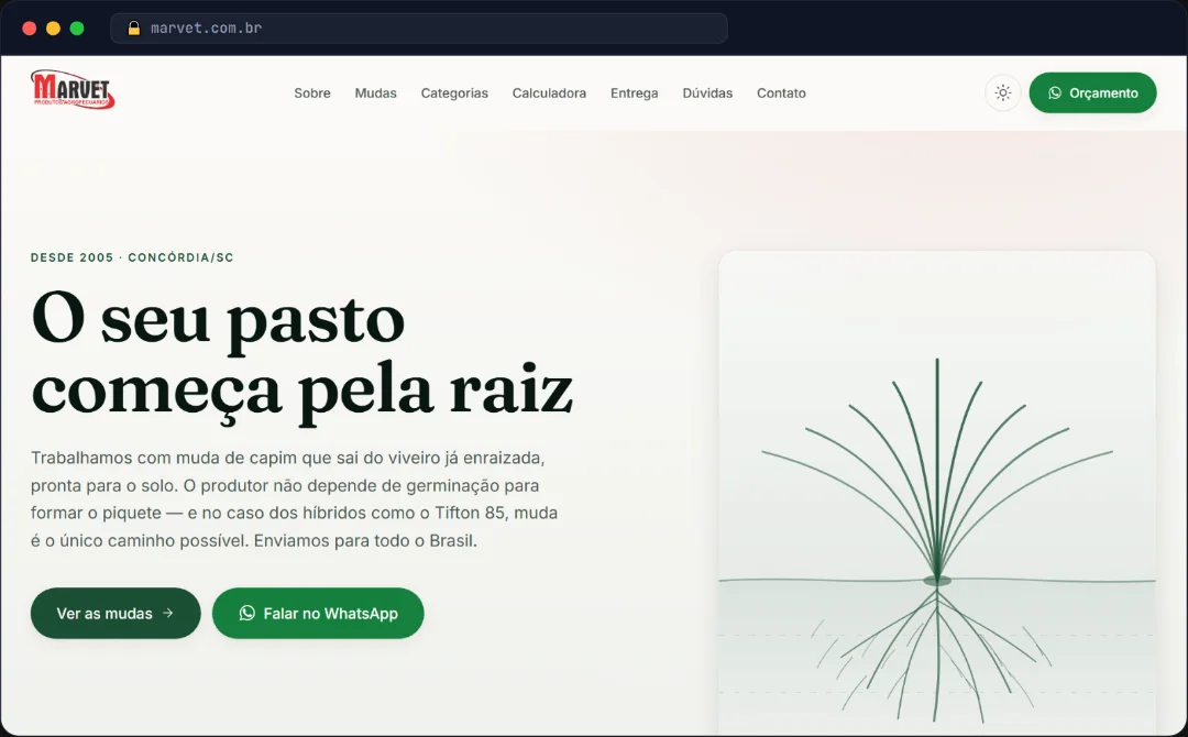 Site da Marvet em funcionamento: pagina inicial com o titulo O seu pasto comeca pela raiz