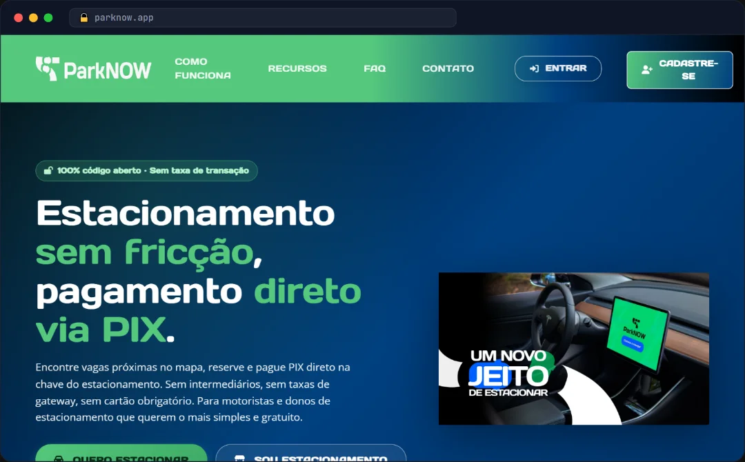 Pagina inicial do ParkNow: reserva de vaga com pagamento PIX direto, sem taxas