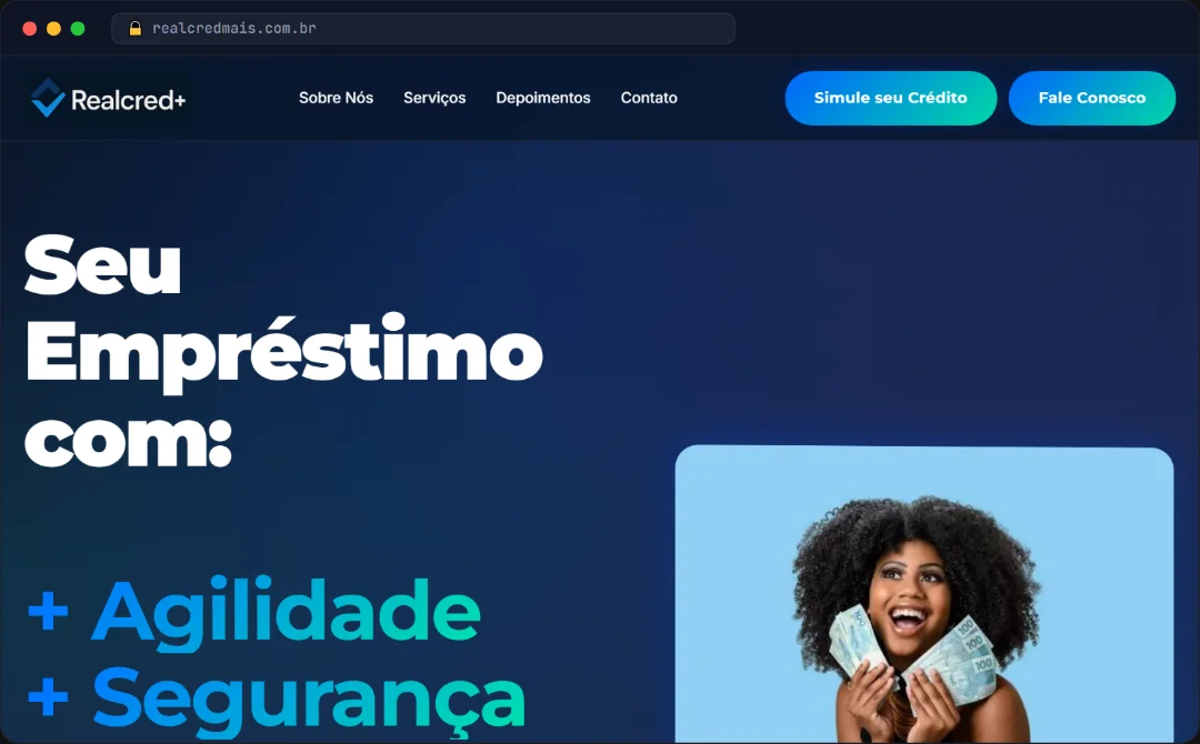 Landing do RealCred+ em funcionamento: destaque para agilidade, seguranca e praticidade no emprestimo